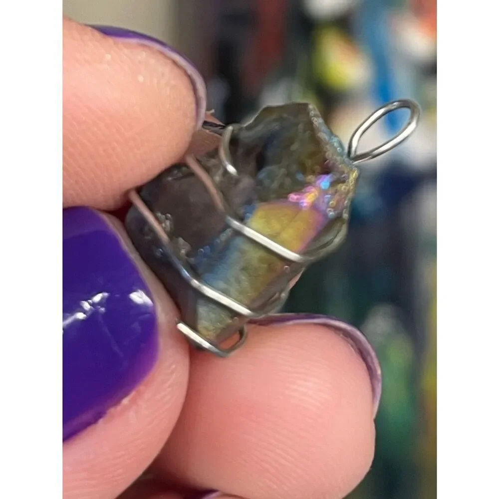 Handmade Small Rainbow Titanium Aura Stone Pendant Wrapped in Silver Wire